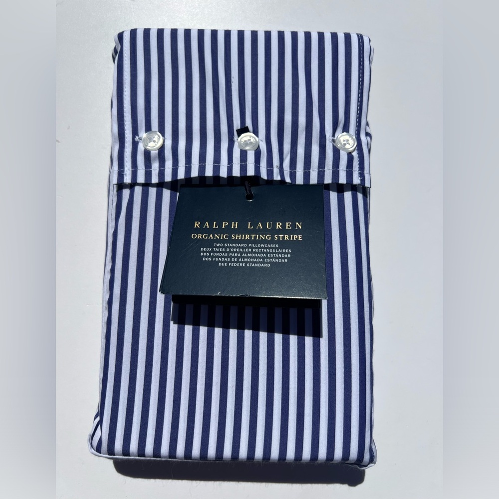 Ralph Lauren Organic Shirting Blue Stripe Bedding Standard Pillowcases Pair New